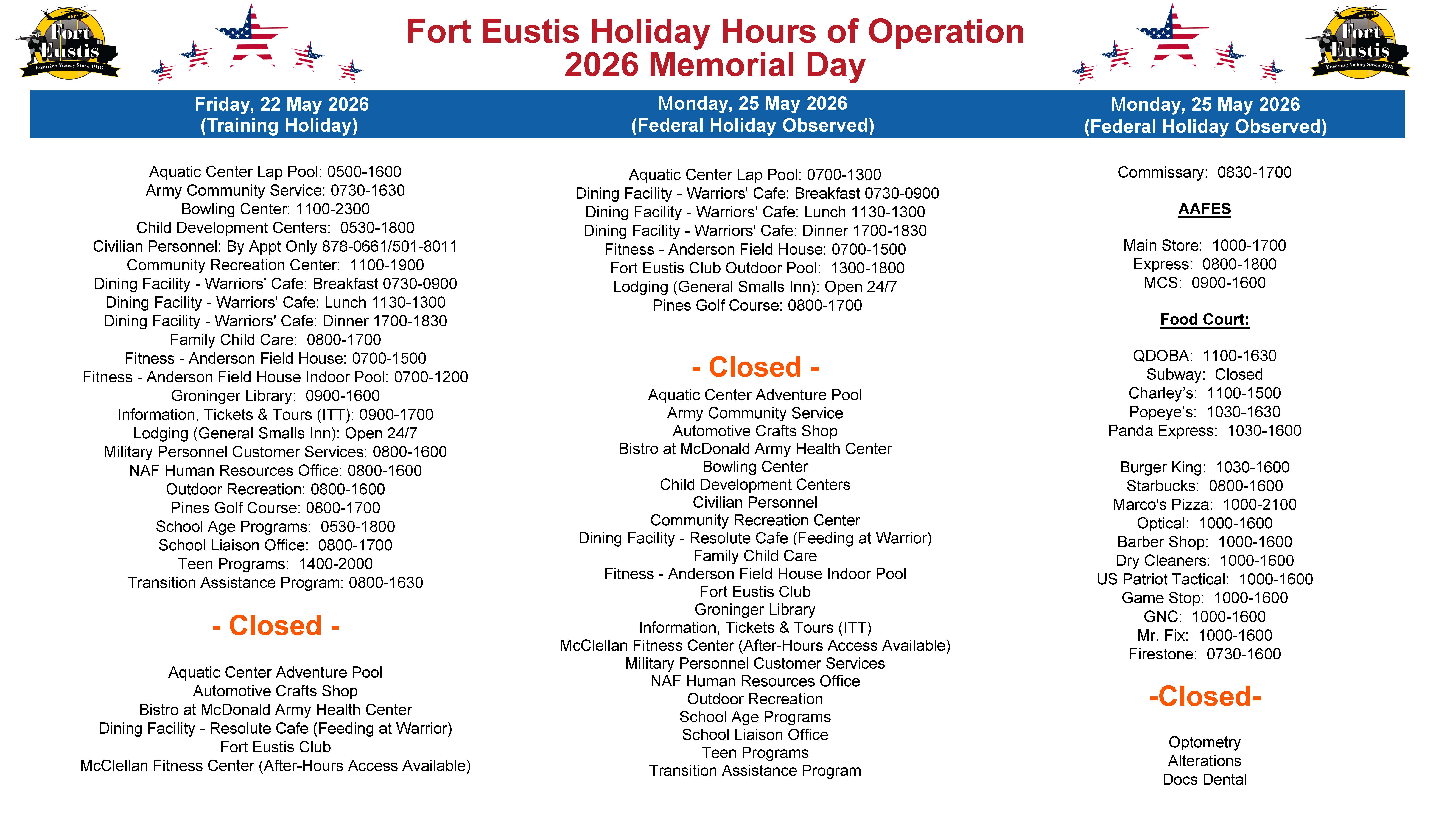 733d FSS Holiday Hours of Operation
